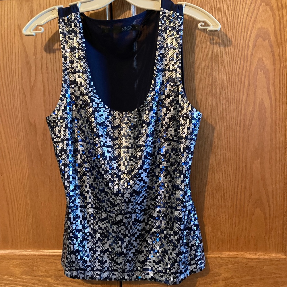 NESS Blue & Silver sequinned tank top. Jersey back. Size Medium (generous)